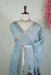 Greyish Blue - Artisan Crafted Soft Jute Linen with Ikkat Weaving Pallu - Best for Office Wear | Casual Wear