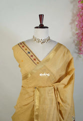 Sand Brown - Artisan Crafted Soft Jute Linen with Ikkat Weaving Pallu - Best for Office Wear | Casual Wear