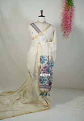 Muted Beige with Teal - Artisan Crafted Soft Jute Linen with Intrigate Ikkat Weaving Pallu - Best for Office Wear | Casual Wear