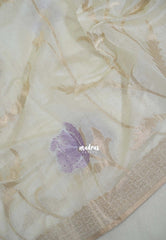 Creamy Ivory & Lilac- Artisan Crafted Soft Jute Linen with Beads Stitching Buttas  - Best for Pooja Wear | Diwali Function