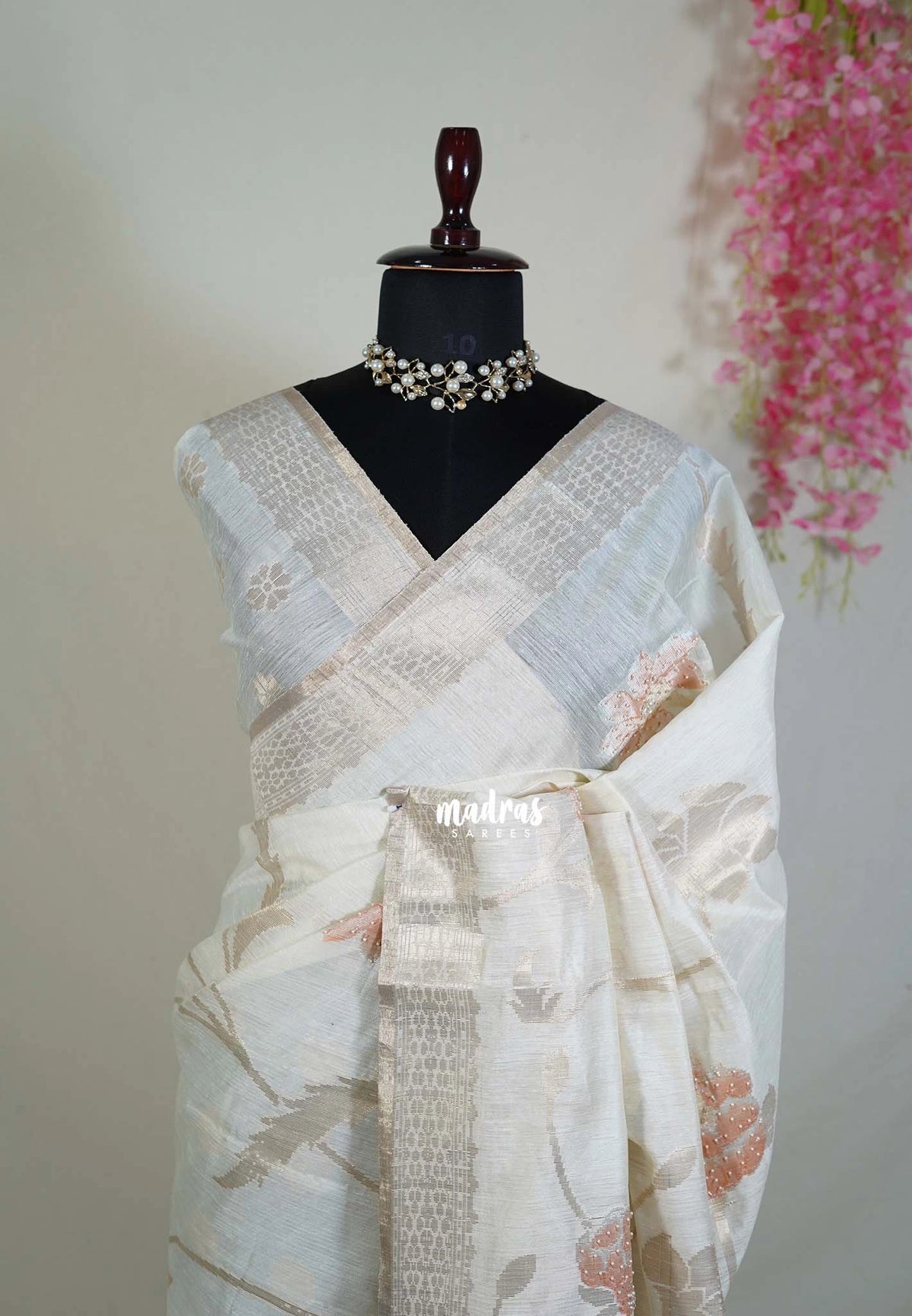 Creamy Ivory & Rust Peach - Artisan Crafted Soft Jute Linen with Beads Stitching Buttas  - Best for Pooja Wear | Diwali Function