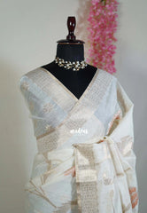 Creamy Ivory & Rust Peach - Artisan Crafted Soft Jute Linen with Beads Stitching Buttas  - Best for Pooja Wear | Diwali Function