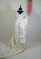 Creamy Ivory & Olive Green - Artisan Crafted Soft Jute Linen with Beads Stitching Buttas  - Best for Pooja Wear | Diwali Function
