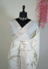 Creamy Ivory & Olive Green - Artisan Crafted Soft Jute Linen with Beads Stitching Buttas  - Best for Pooja Wear | Diwali Function