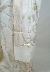 Creamy Ivory & Olive Green - Artisan Crafted Soft Jute Linen with Beads Stitching Buttas  - Best for Pooja Wear | Diwali Function
