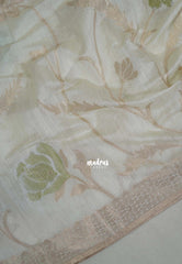 Creamy Ivory & Olive Green - Artisan Crafted Soft Jute Linen with Beads Stitching Buttas  - Best for Pooja Wear | Diwali Function