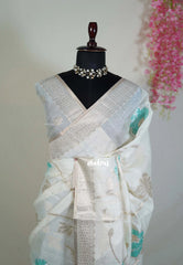 Creamy Ivory & Turquoise Blue - Artisan Crafted Soft Jute Linen with Beads Stitching Buttas  - Best for Pooja Wear | Diwali Function
