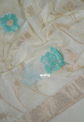 Creamy Ivory & Turquoise Blue - Artisan Crafted Soft Jute Linen with Beads Stitching Buttas  - Best for Pooja Wear | Diwali Function