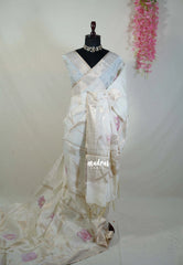 Creamy Ivory & Pink - Artisan Crafted Soft Jute Linen with Beads Stitching Buttas  - Best for Pooja Wear | Diwali Function