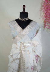 Creamy Ivory & Pink - Artisan Crafted Soft Jute Linen with Beads Stitching Buttas  - Best for Pooja Wear | Diwali Function
