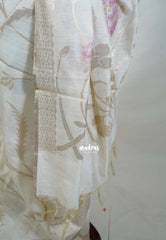 Creamy Ivory & Pink - Artisan Crafted Soft Jute Linen with Beads Stitching Buttas  - Best for Pooja Wear | Diwali Function