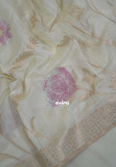 Creamy Ivory & Pink - Artisan Crafted Soft Jute Linen with Beads Stitching Buttas  - Best for Pooja Wear | Diwali Function
