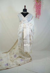 Creamy Ivory & Lilac- Artisan Crafted Soft Jute Linen with Beads Stitching Buttas  - Best for Pooja Wear | Diwali Function