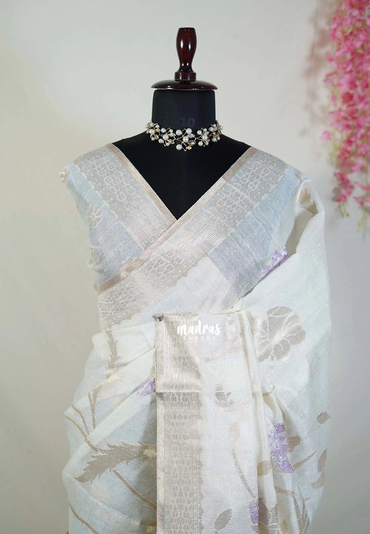 Creamy Ivory & Lilac- Artisan Crafted Soft Jute Linen with Beads Stitching Buttas  - Best for Pooja Wear | Diwali Function
