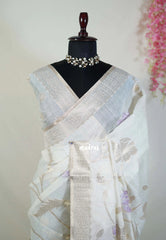 Creamy Ivory & Lilac- Artisan Crafted Soft Jute Linen with Beads Stitching Buttas  - Best for Pooja Wear | Diwali Function