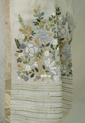 Creamy Ivory with Green - Artisan Crafted Soft Tissue Linen Saree with Intricate Hand Embroidered French Knot Work