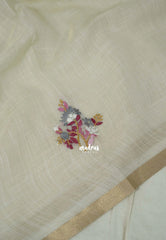 Creamy Ivory with Onion Pink - Artisan Crafted Soft Tissue Linen Saree with Intricate Hand Embroidered French Knot Work