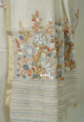 Creamy Ivory with Rust Peach - Artisan Crafted Soft Tissue Linen Saree with Intricate Hand Embroidered French Knot Work