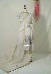 Creamy Ivory with Greyish Blue - Artisan Crafted Soft Tissue Linen Saree with Intricate Hand Embroidered French Knot Work