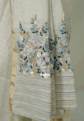 Creamy Ivory with Greyish Blue - Artisan Crafted Soft Tissue Linen Saree with Intricate Hand Embroidered French Knot Work