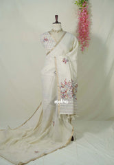 Creamy Ivory with Onion Pink - Artisan Crafted Soft Tissue Linen Saree with Intricate Hand Embroidered French Knot Work