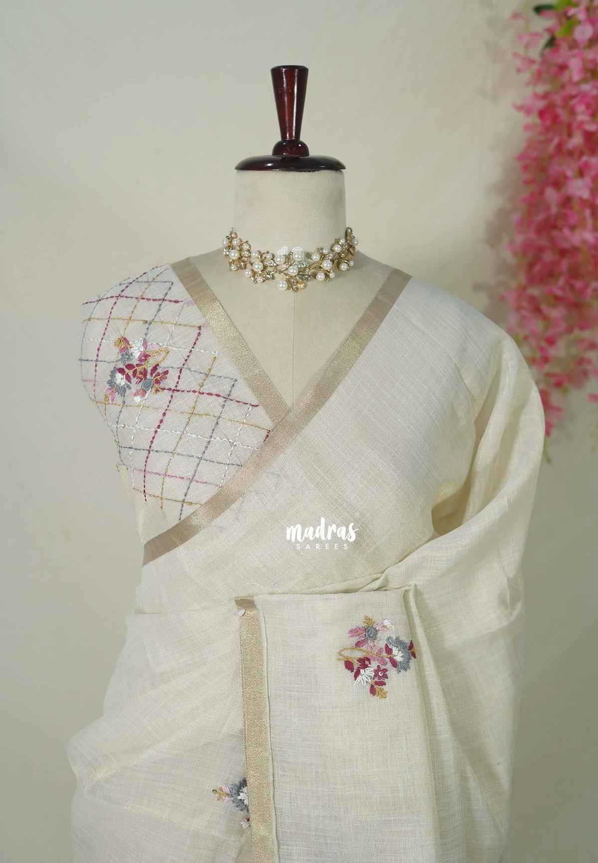 Creamy Ivory with Onion Pink - Artisan Crafted Soft Tissue Linen Saree with Intricate Hand Embroidered French Knot Work