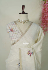 Creamy Ivory with Onion Pink - Artisan Crafted Soft Tissue Linen Saree with Intricate Hand Embroidered French Knot Work