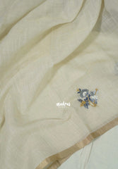 Creamy Ivory with Grey - Artisan Crafted Soft Tissue Linen Saree with Intricate Hand Embroidered French Knot Work