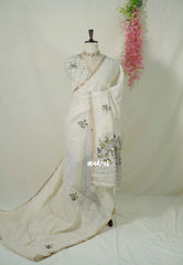 Creamy Ivory with Green - Artisan Crafted Soft Tissue Linen Saree with Intricate Hand Embroidered French Knot Work