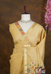 Muted Golden Sand - Artisan Crafted Soft Jute Linen with Bomkai Ikkat Weaving Pallu - Best for Office Wear | Casual Wear