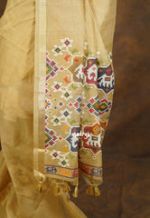 Muted Golden Sand - Artisan Crafted Soft Jute Linen with Bomkai Ikkat Weaving Pallu - Best for Office Wear | Casual Wear