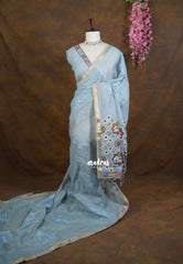 Greyish Blue - Artisan Crafted Soft Jute Linen with Bomkai Ikkat Weaving Pallu - Best for Office Wear | Casual Wear