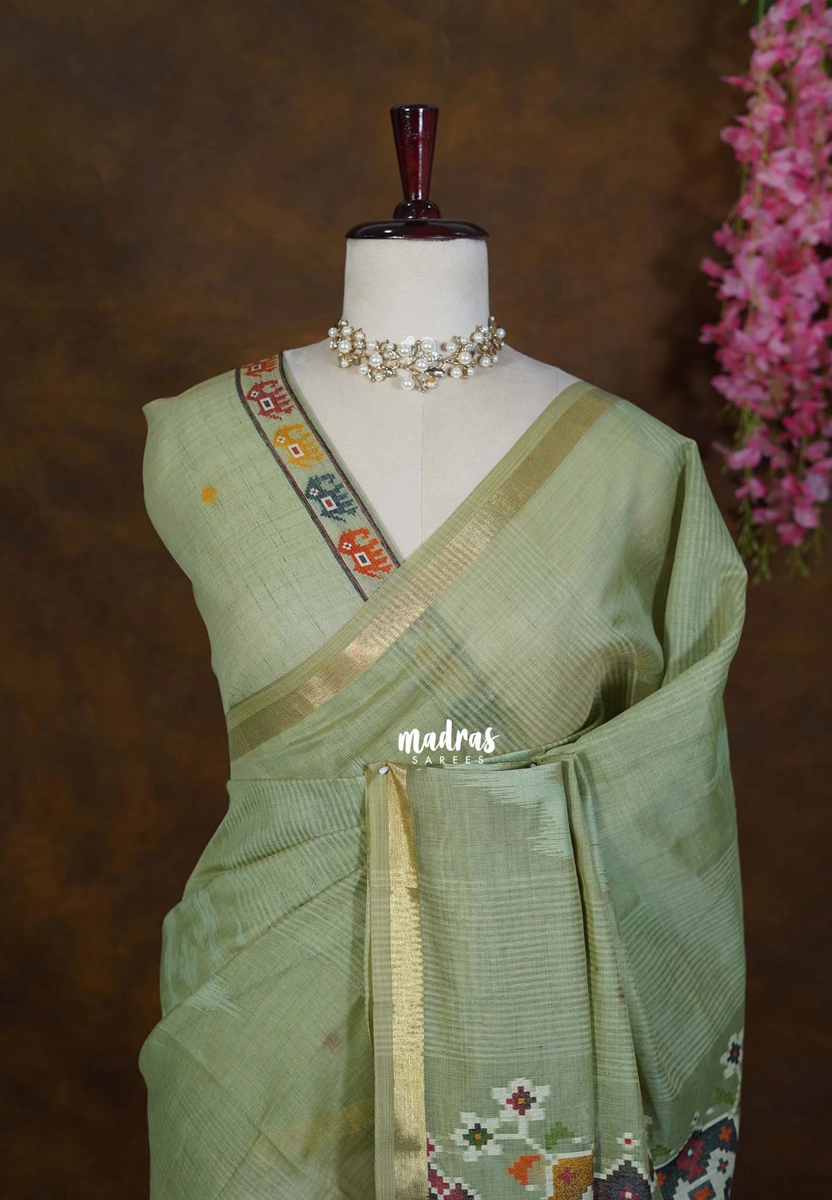 Minted Sage Green - Artisan Crafted Soft Jute Linen with Bomkai Ikkat Weaving Pallu - Best for Office Wear | Casual Wear