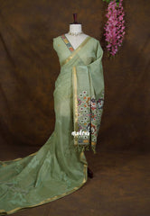 Minted Sage Green - Artisan Crafted Soft Jute Linen with Bomkai Ikkat Weaving Pallu - Best for Office Wear | Casual Wear