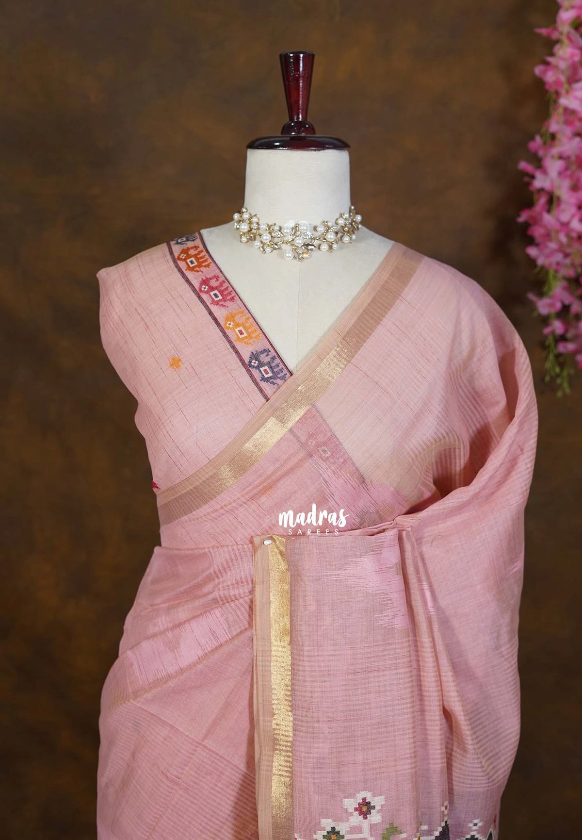 Antique Blush Pink - Artisan Crafted Soft Jute Linen with Bomkai Ikkat Weaving Pallu - Best for Office Wear | Casual Wear