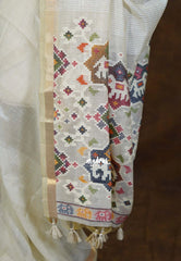 Creamy Beige - Artisan Crafted Soft Jute Linen with Bomkai Ikkat Weaving Pallu - Best for Office Wear | Casual Wear