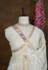 Creamy Beige - Artisan Crafted Soft Jute Linen with Bomkai Ikkat Weaving Pallu - Best for Office Wear | Casual Wear