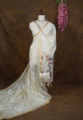 Creamy Beige - Artisan Crafted Soft Jute Linen with Bomkai Ikkat Weaving Pallu - Best for Office Wear | Casual Wear