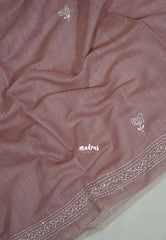Muted Blush Pink - Pragathi - Artisanal Kantha Stitch Handwork Linen Cotton Saree - Perfect for Office Wear | Summer wear | Casual Wear