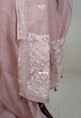 Muted Blush Pink - Pragathi - Artisanal Kantha Stitch Handwork Linen Cotton Saree - Perfect for Office Wear | Summer wear | Casual Wear