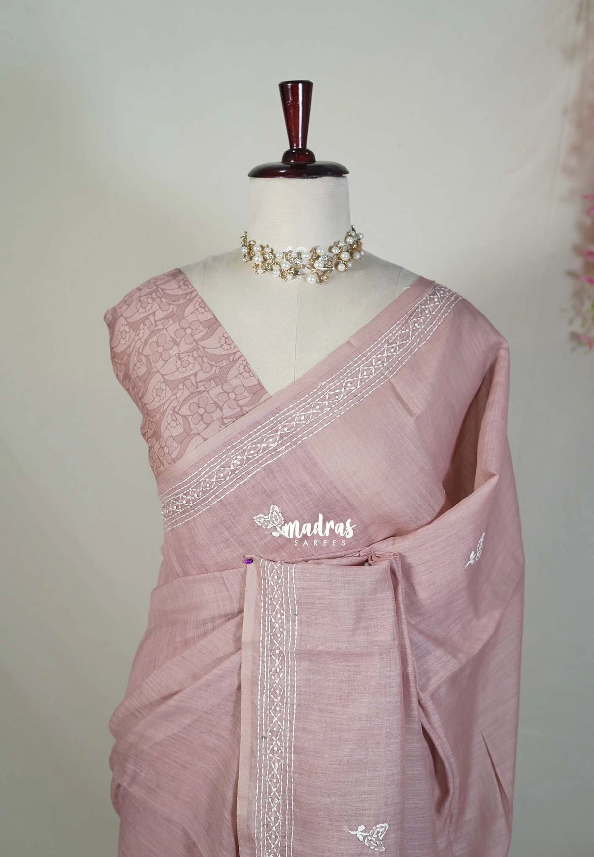 Muted Blush Pink - Pragathi - Artisanal Kantha Stitch Handwork Linen Cotton Saree - Perfect for Office Wear | Summer wear | Casual Wear