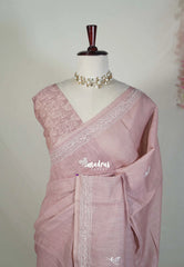 Muted Blush Pink - Pragathi - Artisanal Kantha Stitch Handwork Linen Cotton Saree - Perfect for Office Wear | Summer wear | Casual Wear