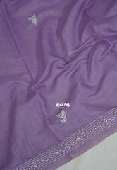 Creamy Lavender - Pragathi - Artisanal Kantha Stitch Handwork Linen Cotton Saree - Perfect for Office Wear | Summer wear | Casual Wear