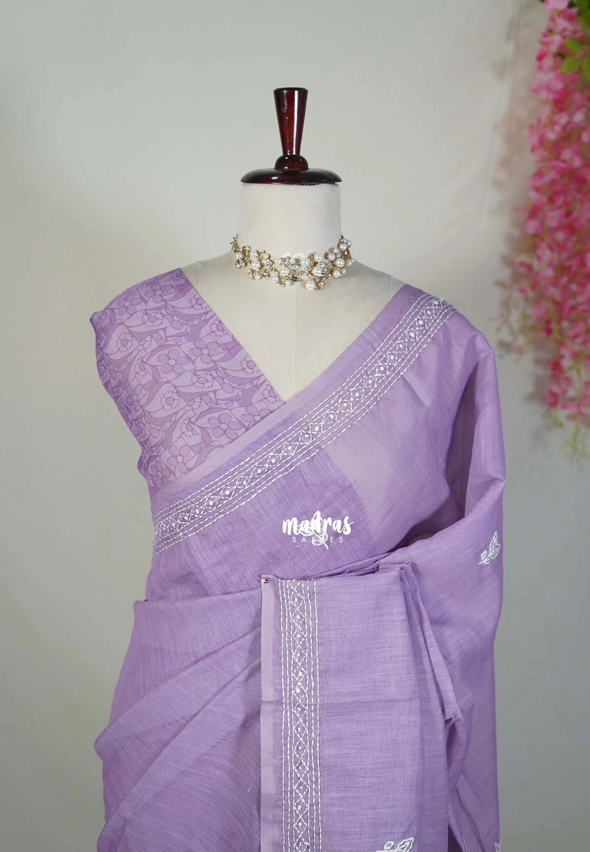 Creamy Lavender - Pragathi - Artisanal Kantha Stitch Handwork Linen Cotton Saree - Perfect for Office Wear | Summer wear | Casual Wear