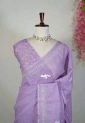 Creamy Lavender - Pragathi - Artisanal Kantha Stitch Handwork Linen Cotton Saree - Perfect for Office Wear | Summer wear | Casual Wear