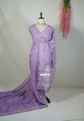 Creamy Lavender - Pragathi - Artisanal Kantha Stitch Handwork Linen Cotton Saree - Perfect for Office Wear | Summer wear | Casual Wear