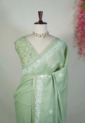 Creamy Green - Pragathi - Artisanal Kantha Stitch Handwork Linen Cotton Saree - Perfect for Office Wear | Summer wear | Casual Wear