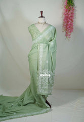 Creamy Green - Pragathi - Artisanal Kantha Stitch Handwork Linen Cotton Saree - Perfect for Office Wear | Summer wear | Casual Wear