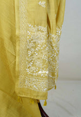 Soft Greenish Yellow - Pragathi - Artisanal Kantha Stitch Handwork Linen Cotton Saree - Perfect for Office Wear | Summer wear | Casual Wear