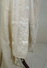 Muted Beige - Pragathi - Artisanal Kantha Stitch Handwork Linen Cotton Saree - Perfect for Office Wear | Summer wear | Casual Wear